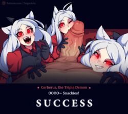 3girls animal_ears big_penis cerberus_(helltaker) fangs female formal glans helltaker huge_cock male male_pov naughty_face penis pov seductive seductive_smile smile taigerarts thick_penis veiny_penis white_hair