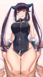 1boy 1girls :q absurdres akitsuki_karasu arms_at_sides bangs bare_legs bare_shoulders bare_thighs barefoot bed_sheet between_thighs black_dress blue_eyes blunt_bangs blush breasts censored china_dress chinese_clothes chinese_girl cleavage clothed_female_nude_male command_spell covered_navel cum cum_on_body cum_on_clothes cum_on_lower_body detached_sleeves double_bun dress ejaculation eyebrows_visible_through_hair eyelashes fanbox_reward fate/grand_order fate_(series) female fujimaru_ritsuka_(male) grinding hair_ornament highres indoors large_breasts licking_lips long_hair looking_at_viewer male mosaic_censoring naughty_face nude on_bed paid_reward penis pillow projectile_cum purple_hair short_dress side_slit sidelocks sitting sitting_on_bed smile solo_focus straight thigh_sex thighs tongue tongue_out twintails very_long_hair wariza wide_hips yang_guifei_(fate/grand_order)