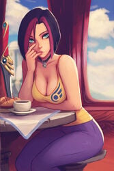 1girls black_hair blue_eyes bob_cut breasts choker cleavage clothed emo female female_focus female_only finger_in_mouth fiora_laurent green_eyes league_of_legends looking_at_viewer medium_hair multicolored_hair naughty_face purple_hair raichiyo33 riot_games solo solo_female solo_focus