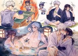 1boy 1girls bathing bathing_together blue_eyes blush embarrassed female jujutsu_kaisen kissing korean_text loose_clothes making_out male male/female mixed_bathing onsen romantic satoru_gojo shirtless straight suggestive text utahime_iori white_hair
