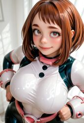 1girl ai ai_art ai_generated bangs belt blush bodysuit breasts brown_eyes brown_hair closed_mouth hands_on_hips large_breasts looking_at_viewer my_hero_academia patreon sci-fi short_hair sidelocks smile solo superhero upturned_eyes uraraka_ochako watermark