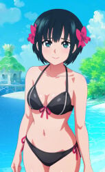 1girls bare_legs bare_shoulders beach bikini black_bikini blue_eyes blue_hair blushing botan_nagatsuki cleavage collarbone looking_at_viewer medium_breasts red_ribbon ribbon_in_hair short_hair smiling standing