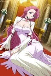 1girl ai_generated blush breasts choker cleavage closed_mouth code_geass collarbone digitalwaifugallery double_bun doughnut_hair_bun dress euphemia_li_britannia flower hair_bun hi_res high_quality high_resolution indoors large_breasts long_hair long_sleeves looking_at_viewer on_floor patreon pink_hair purple_eyes rose seductive sexy sitting smile solo uncensored vase very_long_hair watermark white_dress white_flower wide_sleeves