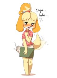 1futa 2020 animal_crossing anthro blush english_text erection female fur furry futa_only futanari hanuvo hiding_erection isabelle_(animal_crossing) nintendo smile solo sweatdrop