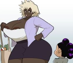 1boy 1girl 1girls 1woman areolae ash_blonde_hair bakugo_mitsuki bakugou_mitsuki blonde_hair boku_no_hero_academia breasts cleavage dark_skin gradient_background hand_on_hip huge_breasts mineta_minoru minoru_mineta mitsuki_bakugo mitsuki_bakugou mother my_hero_academia pulpawoelbo purple_hair race_swap red_eyes skirt u.a._school_uniform
