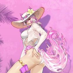2d 2d_(artwork) animal_ears animal_tail asian asian_female ass ass_focus beach_hat big_ass breasts feet_out_of_frame fox_ears fox_girl fox_tail hand_on_ass hat korean korean_female kumiho large_breasts light-skinned_female light_skin lipstick long_hair looking_at_viewer marvel marvel_rivals multicolored_hair official_alternate_costume one-piece_swimsuit smile solo sunglasses swimsuit tail treartz video_games white_fox_(marvel) white_fox_(marvel_rivals) white_hair white_hat white_one-piece_swimsuit white_swimsuit