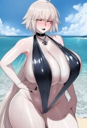 ai_generated beach big_breasts black_lipstick blushing blushing_at_viewer breasts_bigger_than_head fate/grand_order fate_(series) female female_only hairless_pussy jeanne_alter jeanne_d'arc_(fate) sling_bikini slingshot_bikini thick_thighs white_hair yellow_eyes