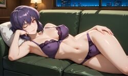 1girl abdomen ai_generated armpit bra breasts cleavage collarbone couch erect_nipples ghost_in_the_shell ghost_in_the_shell_stand_alone_complex green_couch half_naked hand_on_cheek hand_on_thigh hip_bones hips lingerie_only lipstick looking_at_viewer lying_on_couch lying_on_side mature_female motoko_kusanagi navel one_eye_closed panties pillow pixai purple_bra purple_hair purple_lingerie purple_panties red_eyes seductive_face short_hair smile thighs toned_stomach waist wink