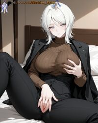 1girl 1girls adult adult_female ai_generated bed bedroom big_breasts black_jacket black_pants black_vest blue_eyes boobs breasts bust busty busty_female busty_girl curvy_body eye_contact faust_(limbus_company) female female_masturbation fingering fingering_pussy fingering_self girl grabbing_own_breast indoor indoors jacket_on_shoulders large_breasts legs_apart legs_spread light-skinned_female light_skin limbus_company looking_at_viewer machine_muse masturbation mature mature_body mature_female on_bed pale_skin pale_skinned_female project_moon pussy room sexy sexy_body short_hair solo spread_legs tits uncensored vagina watermark white_hair