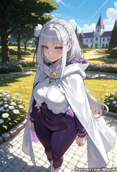 1girl ai_assisted ai_generated bangs blunt_bangs blush braid breasts cape capelet covered_navel curvaceous curvy curvy_female curvy_figure day emilia_(re:zero) eyebrows_visible_through_hair female flower french_braid gem hair_flower hair_ornament hair_ribbon long_hair looking_at_viewer medium_breasts miyuai outdoors pointy_ears purple_eyes purple_ribbon re:zero_kara_hajimeru_isekai_seikatsu ribbon silver_hair skirt smile solo standing thick thick_ass thick_butt thick_hips thick_legs thick_thighs voluptuous voluptuous_female white_flower wide_hips wide_thighs