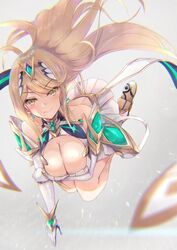 armor bangs bare_shoulders blonde_hair bouncing_breasts breasts covered_navel dress earrings female fingerless_gloves gem gloves headpiece hinot inoue_takuya_(pixiv_99697) jewelry large_breasts long_hair mythra_(xenoblade) nintendo shoulder_armor simple_background smile solo swept_bangs tiara white_dress xenoblade_(series) xenoblade_chronicles_2 yellow_eyes