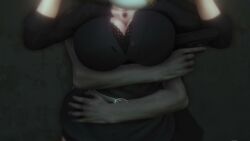 1boy 1girls 3d animated arms_above_head arms_up clothed_sex defeated from_behind green_eyes gun heterochromia large_breasts ozisan rape sex standing standing_sex surrendering tagme threatening threatening_with_weapon vaginal_penetration vaginal_sex video yellow_eyes