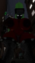 boobs boobs_bigger_than_head boobs_out breasts breasts_bigger_than_head breasts_out cassette_goon city_background dark-skinned_female female hat holding_object jacket jaden_riku looking_at_viewer muscular_female ponytail solo solo_female spiked_legwear standing thong thong_panties vrchat vrchat_avatar