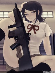 1girls assault_rifle bedroom_eyes black_hair breasts convenient_censoring danganronpa danganronpa:_trigger_happy_havoc danganronpa_(series) female female_focus female_only firearm fn_scar gloves gun headphones laser_sight leg_band medium_breasts mukuro_ikusaba muscular muscular_female nude nude_female pussy redvenus rifle scar-l school_uniform schoolgirl short_hair solo straight_hair weapon