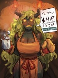 1girls 2026 absurd_res apron big_breasts blonde_hair blush breasts dialogue female fire gameplay_mechanics grey_body grey_skin hi_res horns hot_chocolate hot_cocoa huge_breasts iced_latte_with_breast_milk katsumodokat long_hair orange_clothing orange_eyes oven_mitts slay_the_spire slay_the_spire_2 standing tezcatara_(slay_the_spire_2) thick_thighs thighs witch