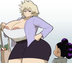 1boy 1girl 1girls 1woman areolae ash_blonde_hair bakugo_mitsuki bakugou_mitsuki blonde_hair boku_no_hero_academia breasts cleavage gradient_background hand_on_hip huge_breasts mineta_minoru minoru_mineta mitsuki_bakugo mitsuki_bakugou mother my_hero_academia pulpawoelbo purple_hair red_eyes skirt u.a._school_uniform