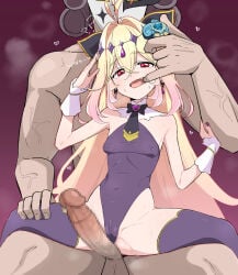 1boy 1girl ? antenna_hair blonde_hair bow breasts brooch censored cure_arcana_shadow diamond_hairband donutman finger_in_another's_mouth frilled_cuffs gem gradient_hair hair_bow hair_intakes heart heart_brooch highleg highleg_leotard highres jewelry lap_pillow large_penis leotard long_hair magical_girl mask meitantei_precure! moria_luluka mosaic_censoring multicolored_hair muscular open_mouth penis precure red_eyes sitting small_breasts thighhighs veins