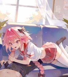 1boy 2026 2boys ai_generated alternate_version_available astolfo_(fate) astolfo_(sailor_paladin)_(fate) big_penis braid braided_hair canon_crossdressing crossdressing erect_penis erection fate_(series) femboy feminine_male girly handjob indoors long_braid long_hair looking_at_penis open_mouth penis pink_hair pink_sailor_collar pink_skirt purple_eyes sailor_collar sex shirt skirt stockings top topwear trap white_shirt white_stockings white_top white_topwear yaoi