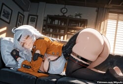 1girl ahoge ai_assisted ai_generated ass bangs bikini black_gloves black_legwear blush breasts curvaceous curvy curvy_female curvy_figure female fingerless_gloves gloves hair_ornament indoors jacket large_breasts long_hair looking_at_viewer miyuai open_shirt pillow silver_hair solo swimsuit thick thick_ass thick_butt thick_hips thick_legs thick_thighs thighhighs thighs voluptuous voluptuous_female wide_hips wide_thighs window yellow_eyes yixuan_(zenless_zone_zero) zenless_zone_zero