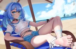 1girls ahoge barefoot beach beach_background blue_eyes blue_hair breasts commentary efreezerarts facial_mark feet foot_focus freezer_(frzr/efreezerarts) heterochromia highres indie_virtual_youtuber long_hair looking_at_viewer medium_breasts nipples outdoors sayu_sincronisity see-through_clothing see-through_shirt shirt smile soles solo swimsuit tattoo toes virtual_youtuber wet wet_clothes wet_shirt yellow_eyes