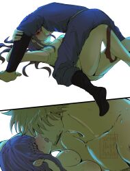 1boy 1girls ambiguous_penetration blush breast_press cleavage facial_hair female french_kiss gintama glasses goatee hair_over_eyes hattori_zenzou japanese_clothes kissing kunoichi long_hair male medium_breasts missionary_position ninja nude on_back panties panties_around_one_leg panties_down purple_hair red-framed_eyewear sarutobi_ayame seigibathala sweat tongue_out
