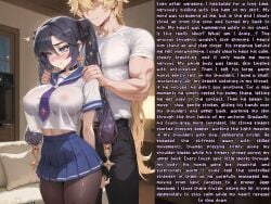 1boy 1girls ai_generated big_ass big_breasts caption embarrassed english_text genshin_impact massage mona_(genshin_impact) nervous netorare nipples nipples_visible_through_clothing santi21 school_uniform schoolgirl shy story tagme thick_thighs tights