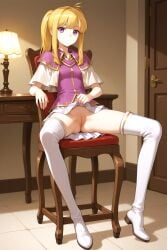 1girls ai_generated blonde_hair boots casual casual_nudity clarine_(fire_emblem) cleft_of_venus clothing dress fire_emblem fire_emblem:_the_binding_blade flashing_pussy innie_pussy no_panties ponytail pulling_clothing sitting skirt small_breasts small_butt thighhighs vagina