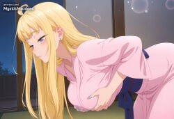 1girl ahoge ai_generated anime anime_style artist_name blonde_hair blue_eyes blue_nails blush breasts dosanko_gal_wa_namara_menkoi earrings fanbox_username fuyuki_minami grabbing_own_breast hentai hi_res indoors japanese_clothes jewelry kimono large_breasts long_hair mystic_maidens nail_polish night parted_lips patreon patreon_username pink_kimono sash solo stud_earrings