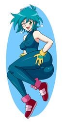 1girls 2020 allenby_beardsley alternate_version_available ass bare_shoulders blue_hair blush bodysuit breasts curvaceous erect_nipples female female_only full_body g_gundam gloves green_eyes gundam hand_on_ass highres human large_breasts mergeritter nipples_visible_through_clothing on_side open_mouth pale-skinned_female pale_skin shoes short_hair smiling sneakers solo solo_female thick_thighs turtleneck wink