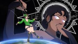 2girls big_breasts big_thighs black_hair brown_hair commission cosmic_background dark-skinned_female digital_art digital_drawing_(artwork) digital_painting_(artwork) dominant_female earth galaxy giantess glitter goddess green_bow green_eyes green_outfit huge_breasts kylie_(kyliegts) light-skinned_female macro_female macrophilia nails_painted original_characters puppet_strings purple_eyes short_hair_female size_difference space spearmint7771 strings