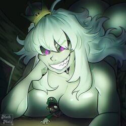 1boy 1girls ass ass_crack ass_up big_breasts boosette breasts brown_hair clothing crown duo evil_smile facial_hair female female_on_top ghost ghost_girl giant giantess gloves green_hat green_shirt hat huge_breasts humanoid indoors large_breasts larger_female light-skinned_male light_skin long_hair looking_at_another luigi male male/female mario_(series) mature mature_female moth_maid nintendo nude nude_female open_mouth purple_eyes size_difference smaller_male smile straight teeth voluptuous voluptuous_female white_body white_hair