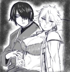 1boy 1girls alternate_costume alternate_hairstyle big_breasts bra canon_genderswap cleavage closed_eyes female genderswap_(mtf) ginko_sakata gintama gintoki_sakata hair_over_one_eye long_hair male monochrome open_jacket ponytail rule_63 sketch takasugi_shinsuke very_long_hair