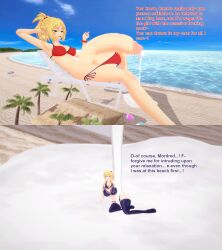 1futa 1girls 3d artoria_pendragon artoria_pendragon_(lancer) beach bikini blonde_hair cum english_text fate/grand_order fate_(series) female futa_giantess futanari giantess giantess_futa huge_cock intersex koikatsu mordred_(fate) penis size_difference swimsuit text xavierhuge