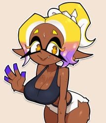 1girl 1girls 2026 breasts cleavage dark-skinned_female dark_skin fang frye_(splatoon) frye_(splatoon_raiders) frye_onaga inkling inkling_girl scott_falco scottfalco_(artist) smile splatoon splatoon_(series) splatoon_3 splatoon_raiders sweat tagme waving waving_at_viewer