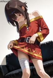 1girls ai_generated ainoob17 belt casting_couch dress kono_subarashii_sekai_ni_shukufuku_wo! konosuba megumin red_dress sexy_pose short_hair solo solo_female standing tagme teenage_girl teenager