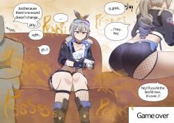 1boy 1girl 1girls ass big_ass brown_hair crop_top denim_shorts fart fart_cloud fart_fetish farting fat_ass female game_controller gamer_girl gaming gas_cloud gasbox girl honkai:_star_rail jean_shorts male multicolored_hair playing_videogame round_ass round_butt silver_wolf_(honkai:_star_rail) simple_background sitting_on_couch thick_ass thick_butt yakbang