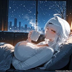 1girl ahoge ai_assisted ai_generated bangs blush breasts breath cleavage coffee_mug cup curvaceous curvy curvy_female curvy_figure eyebrows_visible_through_hair female hair_ornament holding holding_cup huge_breasts long_hair looking_at_viewer miyuai mug night ribbed_sweater silver_hair sitting snow snowing solo steam thick thick_ass thick_butt thick_hips thick_legs thick_thighs very_long_hair voluptuous voluptuous_female wide_hips wide_thighs yellow_eyes yixuan_(zenless_zone_zero) zenless_zone_zero