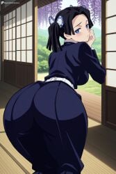 1girl ai_generated ass ass_focus belt black_hair blue_eyes blush breasts butterfly_hair_ornament closed_mouth demon_slayer demon_slayer_uniform digitalwaifugallery flower from_behind hair_ornament hi_res high_quality high_resolution huge_ass indoors japanese_clothes kanzaki_aoi_(kimetsu_no_yaiba) long_sleeves looking_at_viewer looking_back pants patreon patreon_logo patreon_username seductive sexy sliding_doors solo tatami twintails uncensored watermark