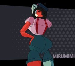 1girls ass ass_focus blushing clothed clothed_female ena ena_(dream_bbq) ena_(series) hat looking_at_viewer looking_back mirumimi overalls red_body solo watermark