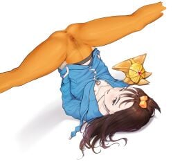 1girl absurdres blue_jacket brown_hair commentary_request cube_hair_ornament female_pubic_hair flexible hair_ornament highres hood hood_down hooded_jacket jacket lida_(pokemon) long_hair looking_at_viewer lying on_back open_mouth orange_pantyhose pantyhose pokemon pokemon_(creature) pokemon_legends:_z-a pubic_hair see-through_clothes simple_background split spread_legs staryu topknot upside-down urajipero white_background