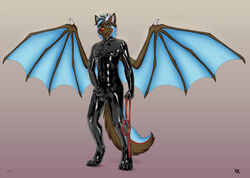 2020 absurd_res anthro biped black_eyebrows blue_body blue_eyes blue_fur blue_hair blue_tail blue_wings brown_body brown_fur brown_hair brown_tail bulge canid canine canis clothed clothing collar digital_media_(artwork) digitigrade dragon eleode erection erection_under_clothing eyebrows fluffy_tail front_view full_body fur genital_outline genitals gradient_background grey_background grey_horn hair hi_res holding_object holding_penis horn hybrid latex latex_bodysuit latex_suit leash looking_at_viewer male male_only mammal membrane_(anatomy) membranous_wings multicolored_body multicolored_fur multicolored_hair multicolored_tail penis penis_outline red_body red_fur red_nose red_tail rubber rubber_suit short_hair simple_background smile smirk solo spiked_wings spread_wings standing tail tight_clothing two_tone_hair two_tone_tail wing_spikes wings wolf