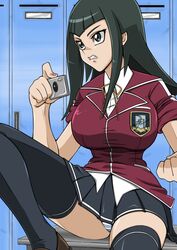 1girls alternate_breast_size alternate_costume annoyed_expression big_breasts black_hair breasts camera carly_carmine carly_nagisa clenched_hand female female_only large_breasts locker_room long_hair panties school_uniform simple_background skirt solo straw_(artist) striped_panties thighhighs thighs underwear upskirt yu-gi-oh! yu-gi-oh!_5d's