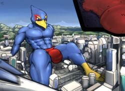 2020 anthro avian bird blue_body blue_fur building city clothing corneria destruction falco_lombardi fur genitals hi_res internal macro male male_only mountain nintendo penis sky solo speedo star_fox street swimwear togepi1125 underwear video_games wootenstien worship