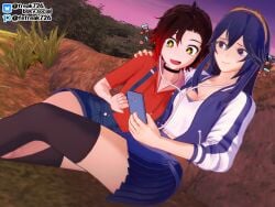 2girls 3d :d alternate_costume arm_around_shoulders artist_name bare_thighs black_choker black_eyes black_hair black_thighhighs blue_eyes blue_hair blue_jacket blue_shorts blue_skirt brand_of_the_exalt breasts choker cleavage crop_top crossover dusk earbuds earphones excited fefreak726 female female_only fire_emblem fire_emblem_awakening forest gradient_hair hand_on_another's_shoulder hand_up holding holding_phone hoodie jacket leg_between_thighs listening_to_music long_sleeves lucina_(fire_emblem) medium_breasts midriff multicolored_hair multiple_girls musical_note nintendo on_side open_jacket open_mouth outdoors phone pleated_skirt raised_eyebrows red_hair red_hoodie rock ruby_rose rwby shared_earphones short_shorts shorts sitting skirt small_breasts smartphone smile story_at_source suspenders symbol-shaped_pupils thighhighs thighs tiara track_jacket tree white_crop_top white_jacket yuri