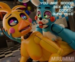 1boy 1boy1girl 1girls beak bimbo bimbo_body blue_eyes chicken femboy femboy_only five_nights_at_freddy's fnaf green_eyes holding holding_cheek looking_at_another mirumimi seductive_eyes seductive_look text toy_bonnie_(fnaf) toy_chica_(fnaf) watermark