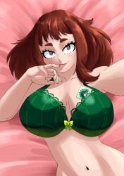 1girls bed bed_sheet bedroom bedroom_eyes big_breasts boku_no_hero_academia bra brown_eyes brown_hair looking_at_viewer my_hero_academia ochaco_uraraka ochako_uraraka on_bed photo selfie uraraka_ochaco uraraka_ochako