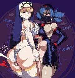 +_+ 1boy 2girls absurdres asphyxiation big_dom_small_sub bigger_dom black_gloves black_nightgown blonde_hair blue_hair blush bra breasts captain_kirb cum double_(skullgirls) elbow_gloves english_text eyepatch faceless faceless_male femdom gloves hand_on_another's_chest highres large_breasts lingerie multiple_girls nightgown nun nurse one-eyed panties penis red_eyes skullgirls smaller_male smothering submissive submissive_male sweatdrop thick_thighs thigh_sex thighs underwear valentine_(skullgirls) white_bra white_panties