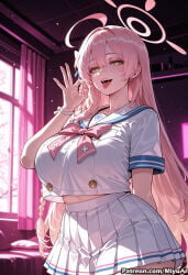 1girl ahoge ai_assisted ai_generated bangs blonde_hair blue_archive blush braid breasts curvaceous curvy curvy_female curvy_figure eyebrows_visible_through_hair female green_eyes hanako_(blue_archive) huge_breasts indoors jewelry large_breasts long_hair looking_at_viewer miyuai open_mouth pleated_skirt sailor_collar school_uniform skirt smile solo thick thick_ass thick_butt thick_hips thick_legs thick_thighs tongue tongue_out very_long_hair voluptuous voluptuous_female white_skirt wide_hips wide_thighs