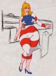 1girls 2020s 2026 2d american blonde_female blonde_hair blue_eyes breasts cheesecakevalentine_(artist) coonskin female female_only freckles freckles_on_face high_heels light-skinned_female light_skin looking_at_viewer masochistmaverick miss_america_(coonskin) nipples smile solo solo_female thick_thighs thighs