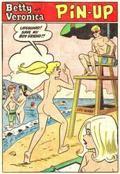 2boys 3girls anotherymous archie_andrews archie_comics ass betty_and_veronica betty_cooper binoculars black_hair blonde_hair bubble_ass bubble_butt casual clothed_male_nude_female cmnf comic_cover comic_page erect_nipples female female_pubic_hair ginger_hair headband human lifeguard male pale_skin ponytail public shirtless standing_in_water sunglasses swimming_trunks tied_hair umbrella veronica_lodge water